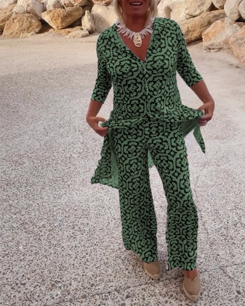 Jade Women's 2 Piece Printed Wide Leg Trouser Set 3/4 Sleeve in Green