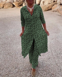 Jade Women's 2 Piece Printed Wide Leg Trouser Set 3/4 Sleeve in Green