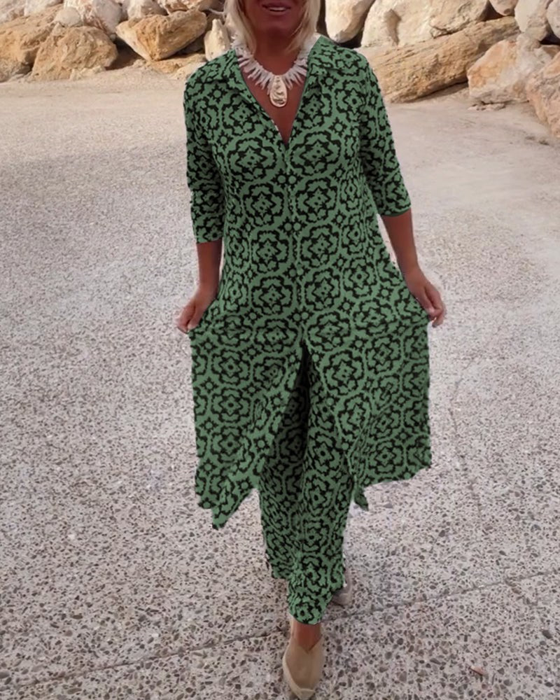 Jade Women's 2 Piece Printed Wide Leg Trouser Set 3/4 Sleeve in Green