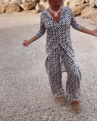 Jade Women's 2 Piece Printed Wide Leg Trouser Set 3/4 Sleeve in Navy Blue