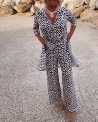 Jade Women's 2 Piece Printed Wide Leg Trouser Set 3/4 Sleeve in Navy Blue