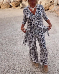 Jade Women's 2 Piece Printed Wide Leg Trouser Set 3/4 Sleeve in Navy Blue
