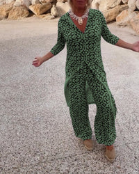 Jade Women's 2 Piece Printed Wide Leg Trouser Set 3/4 Sleeve in Navy Blue