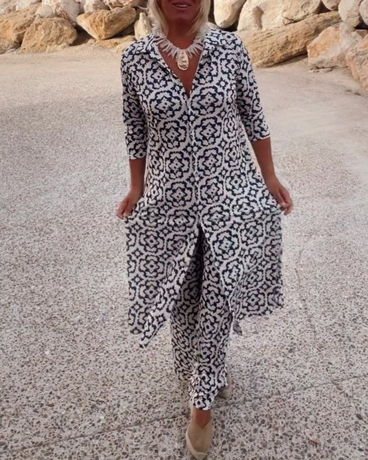 Jade Women's 2 Piece Printed Wide Leg Trouser Set 3/4 Sleeve in Navy Blue