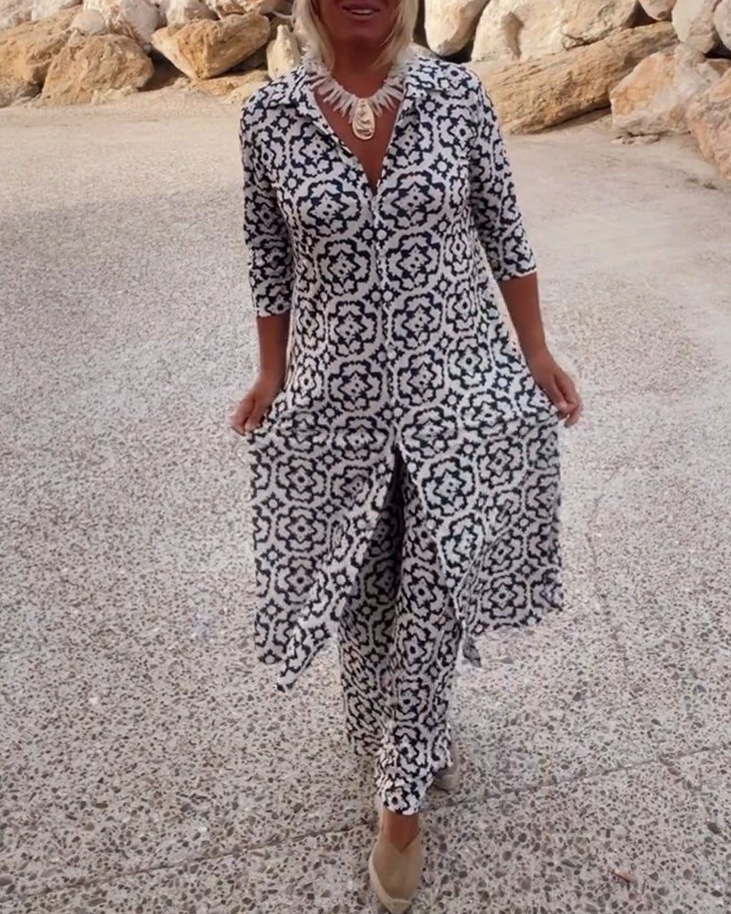 Jade Women's 2 Piece Printed Wide Leg Trouser Set 3/4 Sleeve in Navy Blue