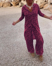 Jade Women's 2 Piece Printed Wide Leg Trouser Set 3/4 Sleeve in Pink