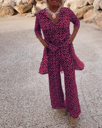 Jade Women's 2 Piece Printed Wide Leg Trouser Set 3/4 Sleeve in Pink