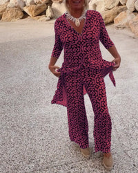 Jade Women's 2 Piece Printed Wide Leg Trouser Set 3/4 Sleeve in Pink
