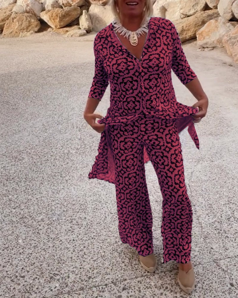 Jade Women's 2 Piece Printed Wide Leg Trouser Set 3/4 Sleeve in Pink