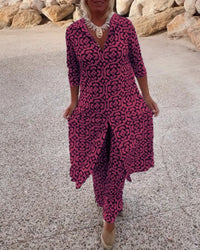 Jade Women's 2 Piece Printed Wide Leg Trouser Set 3/4 Sleeve in Pink