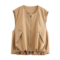 Jana Casual Vest with Sleeveless and Zip Front in Khaki