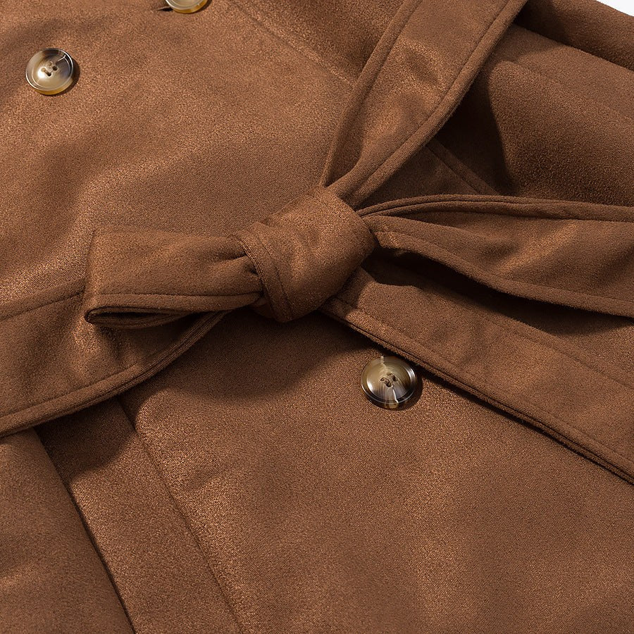 Jasmine Elegant Leather Trench Coat with Pockets and Belted in Brown