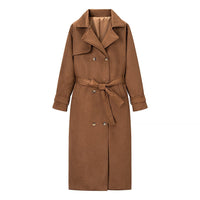 Jasmine Elegant Leather Trench Coat with Pockets and Belted in Brown