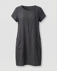 Jasmine Linen Blend Dress with Crew Neck and Pockets in Black
