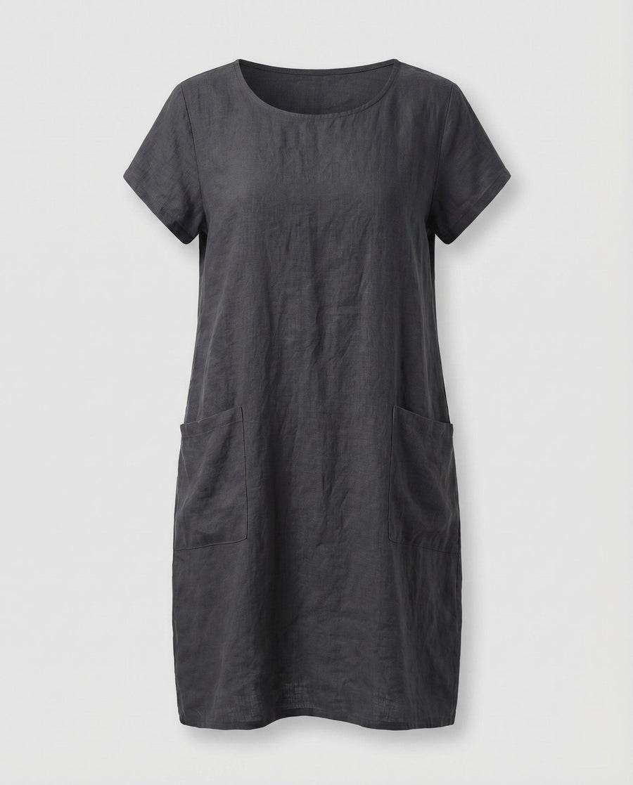Jasmine Linen Blend Dress with Crew Neck and Pockets in Black