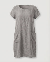 Jasmine Linen Blend Dress with Crew Neck and Pockets in Grey