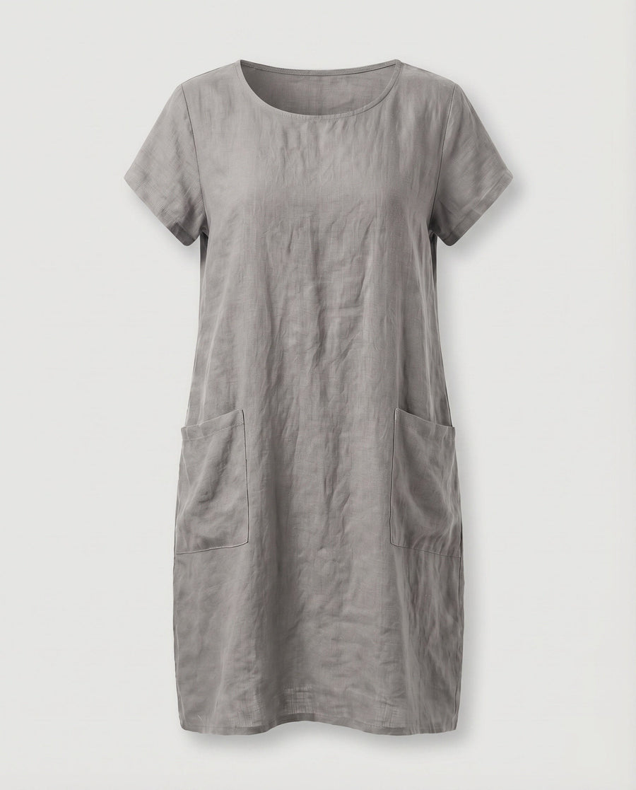 Jasmine Linen Blend Dress with Crew Neck and Pockets in Grey