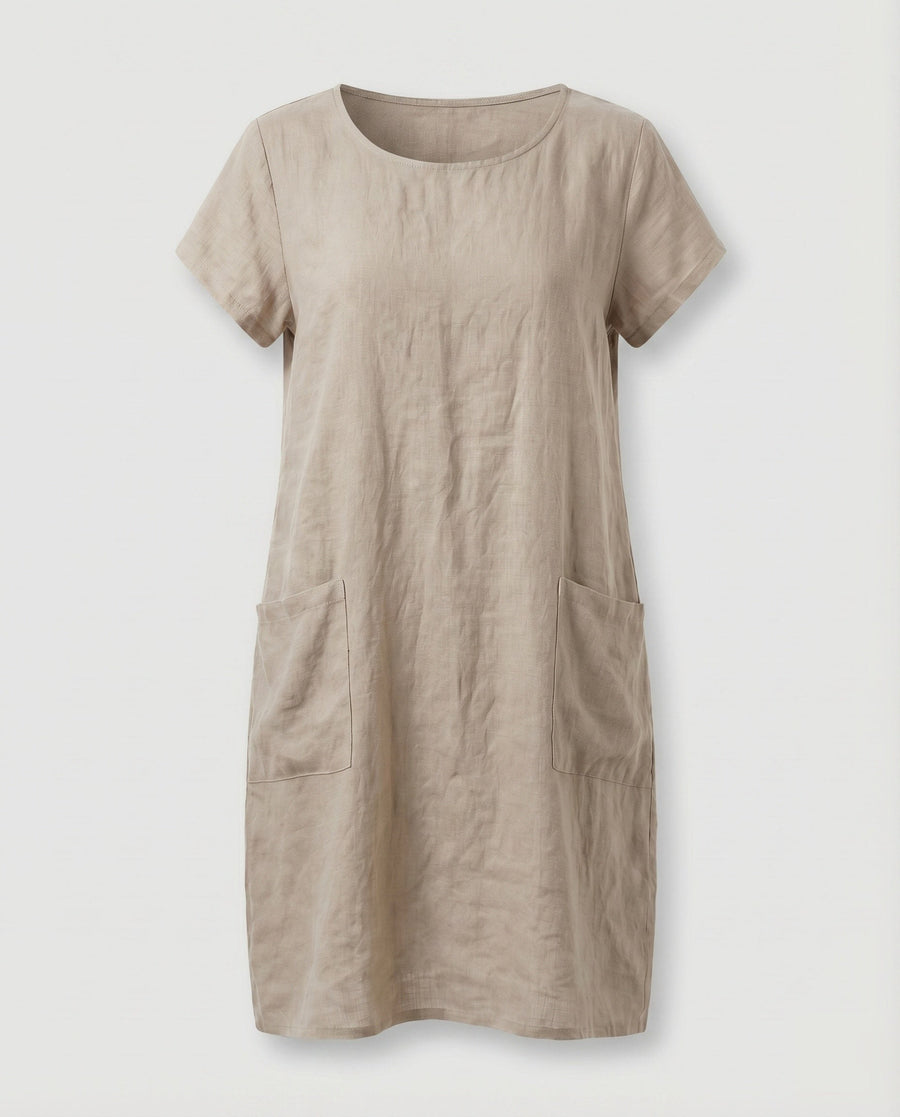 Jasmine Linen Blend Dress with Crew Neck and Pockets in Khaki