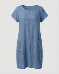 Jasmine Linen Blend Dress with Crew Neck and Pockets in Light Blue