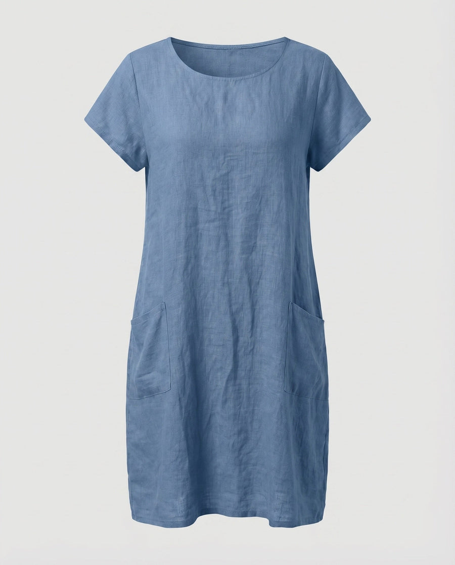 Jasmine Linen Blend Dress with Crew Neck and Pockets in Light Blue