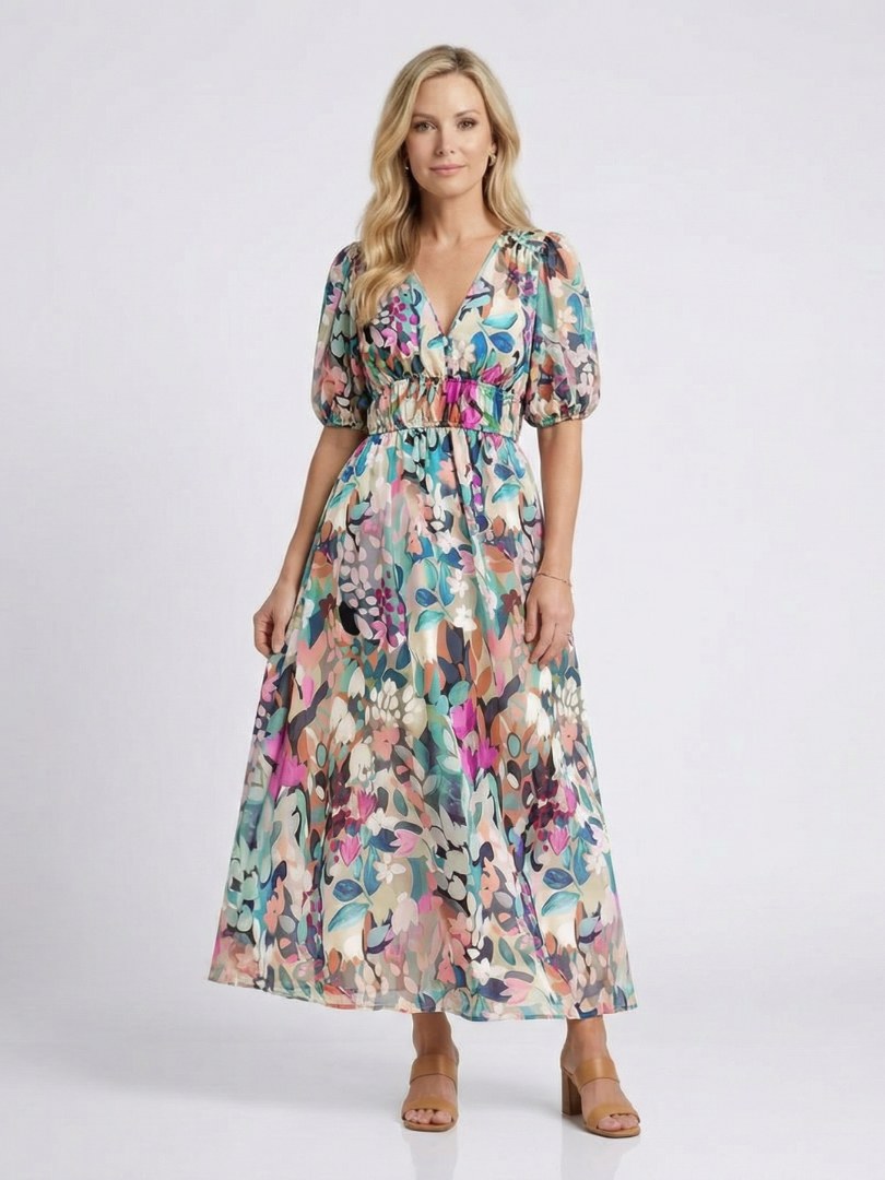 Jasmine Women's Floral V Neck Midi Dress in Floral