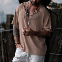 Jasper Casual Linen Top with V-Neck in Khaki