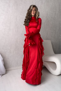 Jemima Elegant Maxi Dress with Long Sleeve and Ruffles in Red
