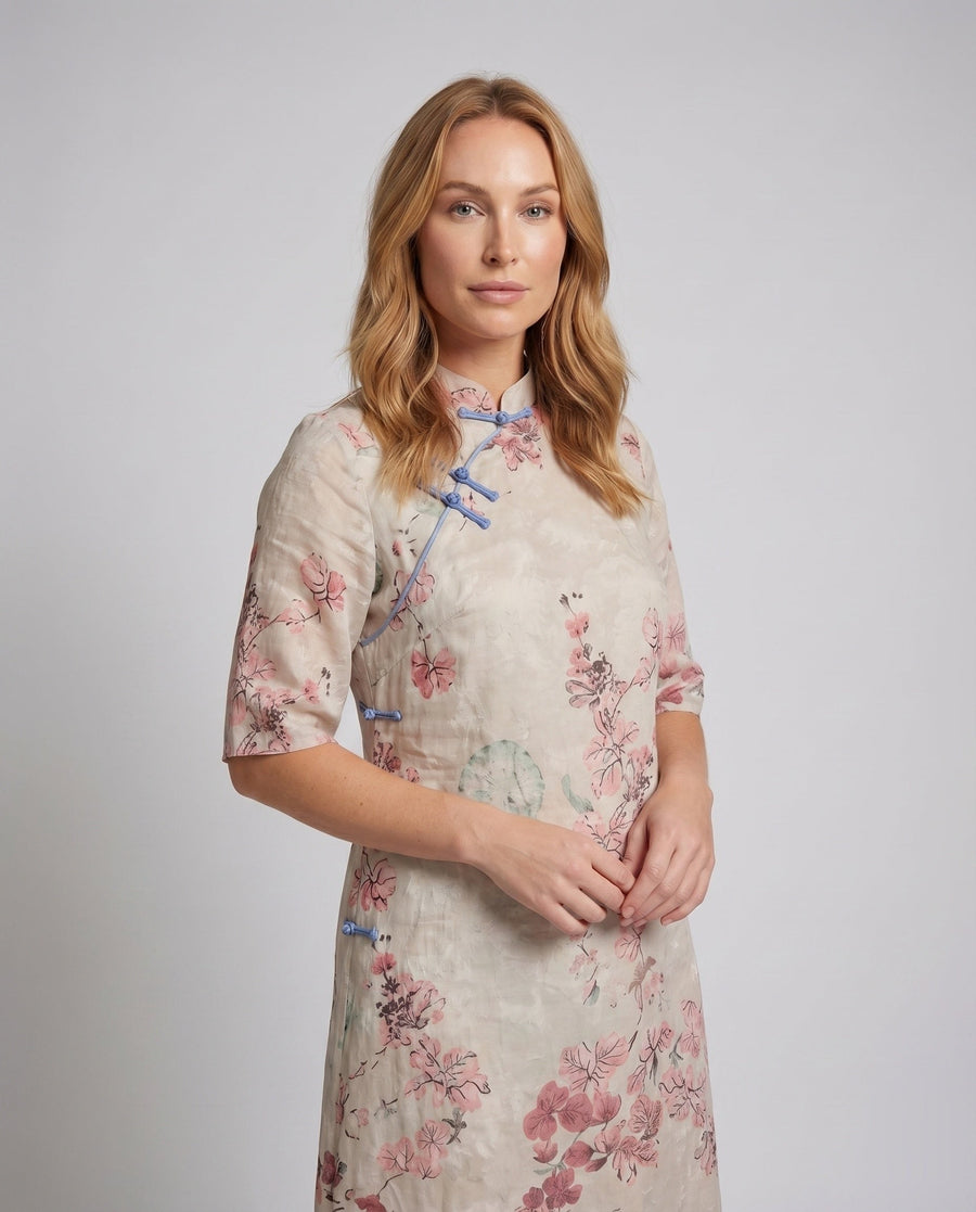 Jemima Linen Midi Dress with Stand Collar and Button Front