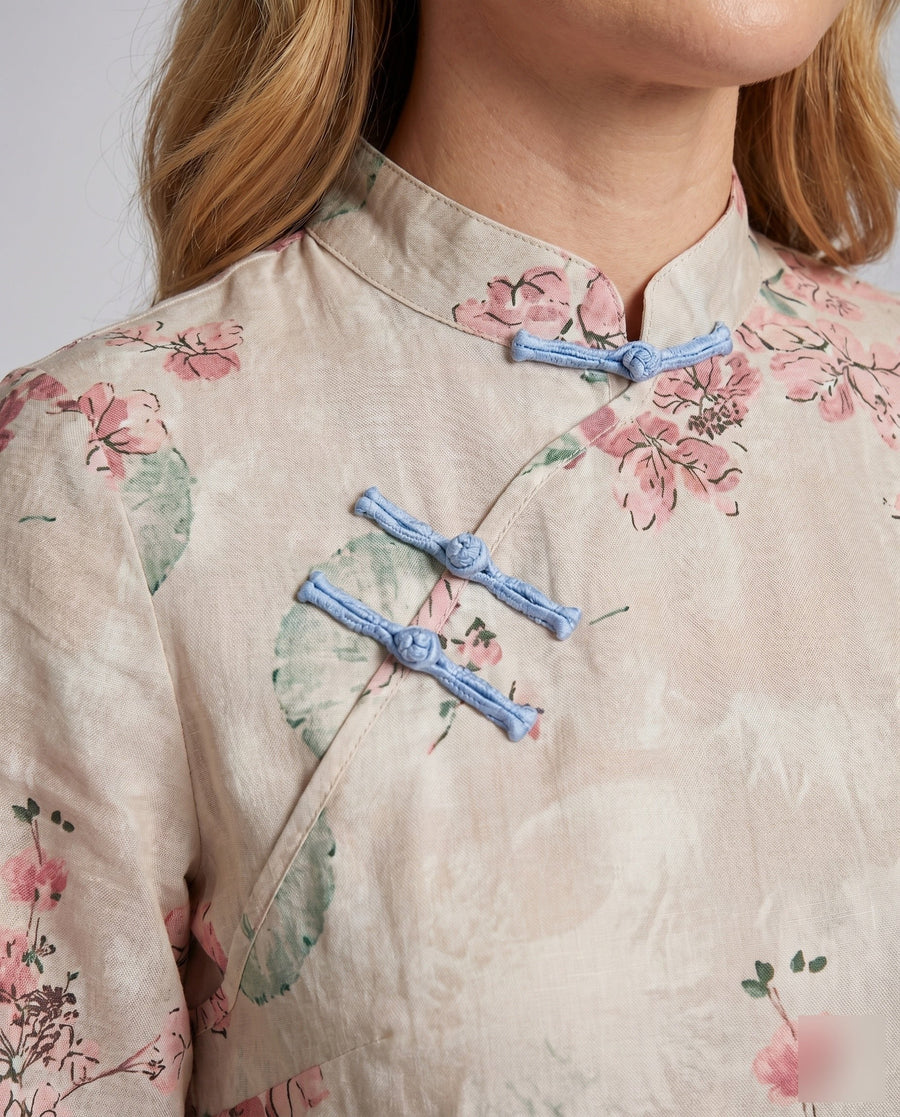 Jemima Linen Midi Dress with Stand Collar and Button Front