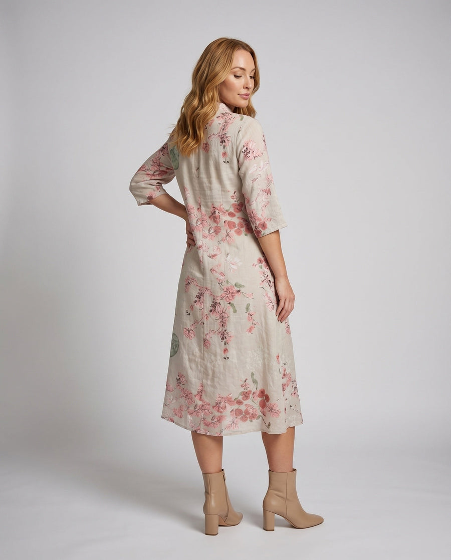 Jemima Linen Midi Dress with Stand Collar and Button Front