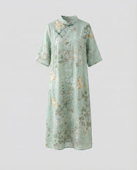 Jemima Linen Midi Dress with Stand Collar and Button Front in Green