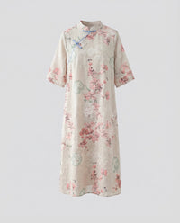 Jemima Linen Midi Dress with Stand Collar and Button Front in Red
