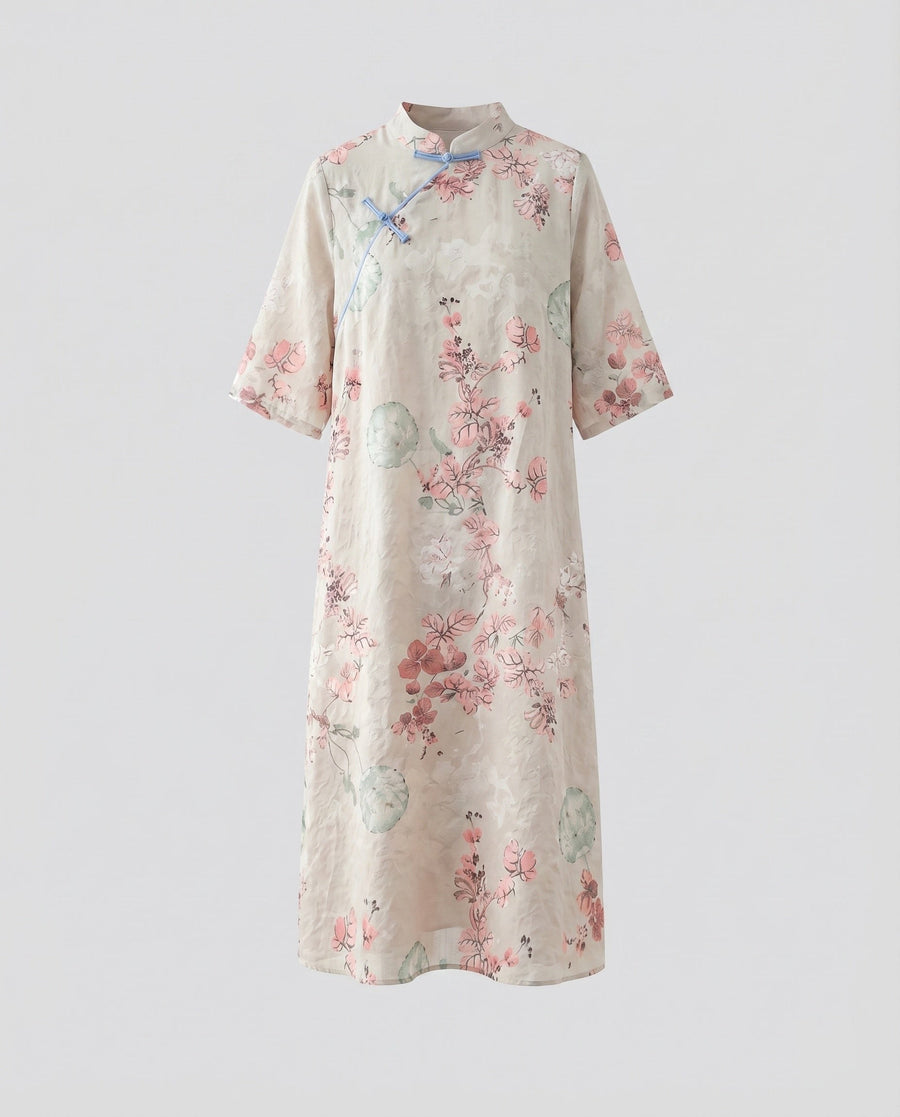Jemima Linen Midi Dress with Stand Collar and Button Front in Red