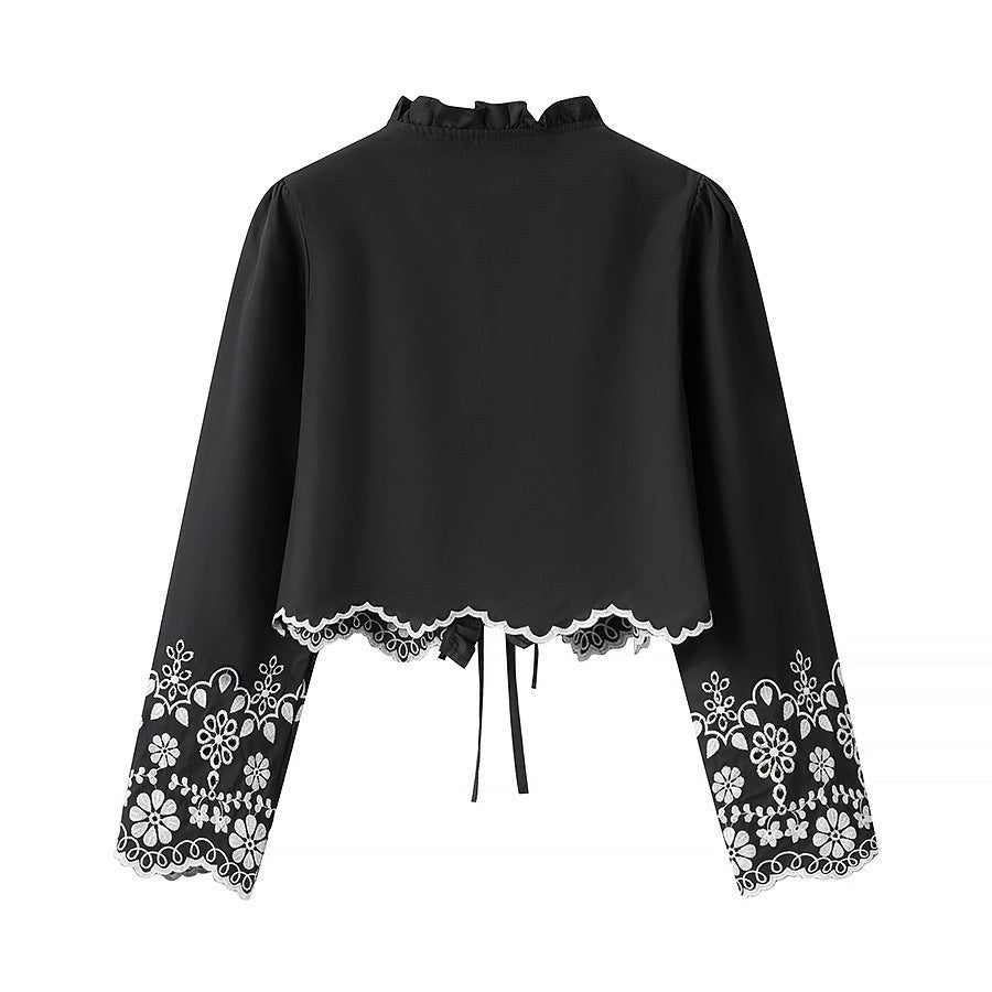 Jenna Elegant Blouse with Ruffles and Embroidery in Black