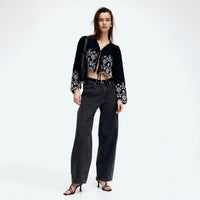 Jenna Elegant Blouse with Ruffles and Embroidery in Black