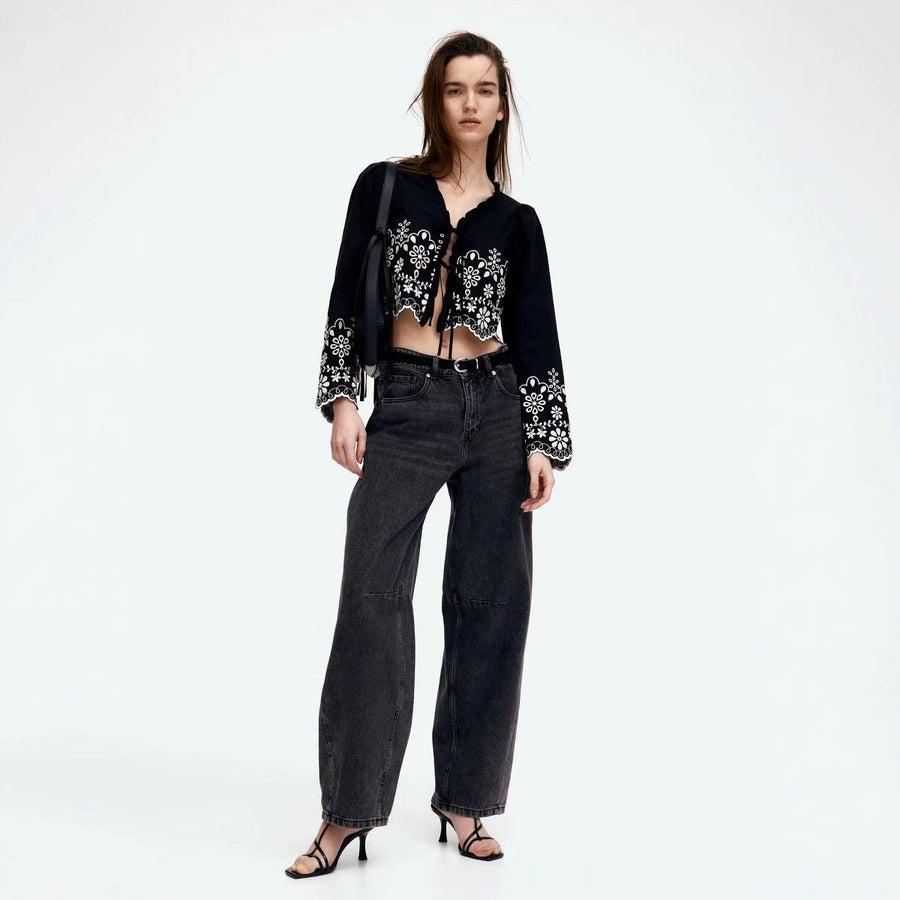 Jenna Elegant Blouse with Ruffles and Embroidery in Black