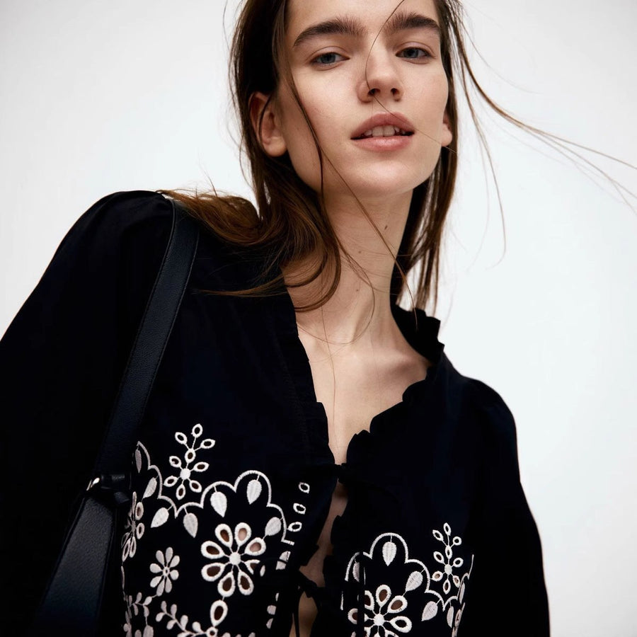 Jenna Elegant Blouse with Ruffles and Embroidery in Black