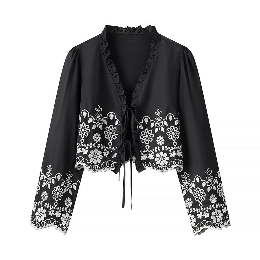 Jenna Elegant Blouse with Ruffles and Embroidery in Black