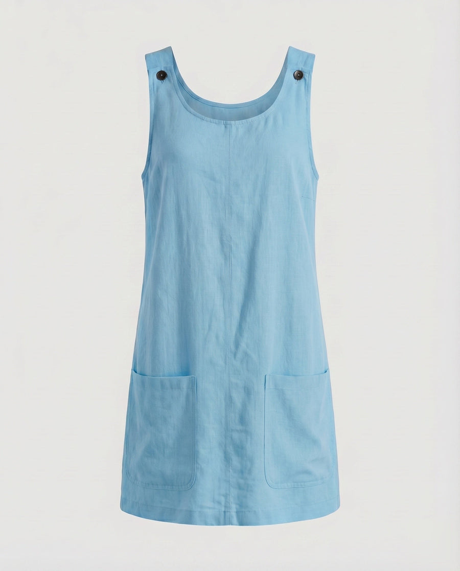Jenna Linen Blend Mini Dress with Pockets in Sky Blue