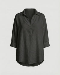 Jenna Linen Blouse with Button Front in Black