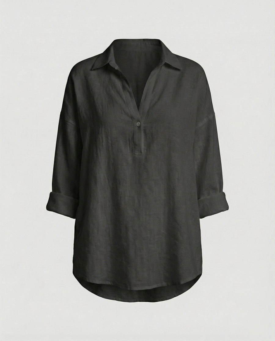 Jenna Linen Blouse with Button Front in Black