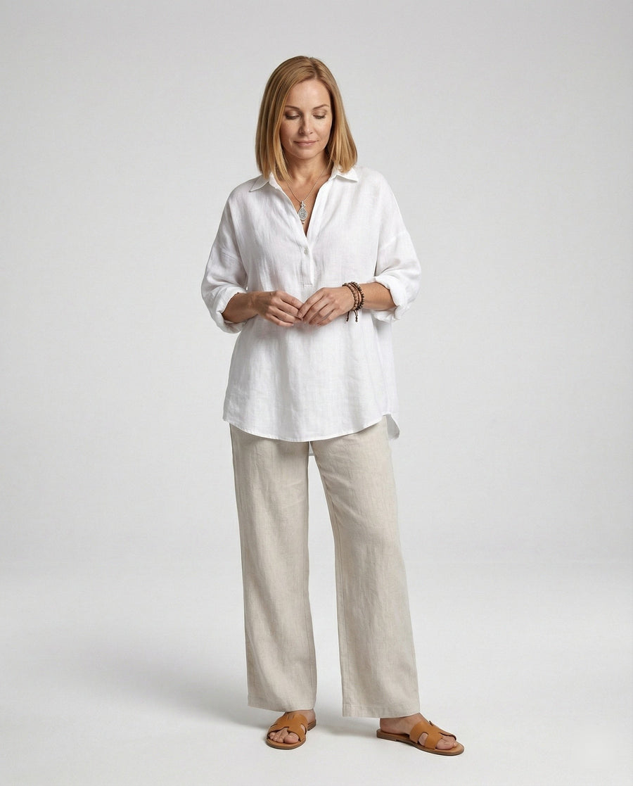 Jenna Linen Blouse with Button Front in White