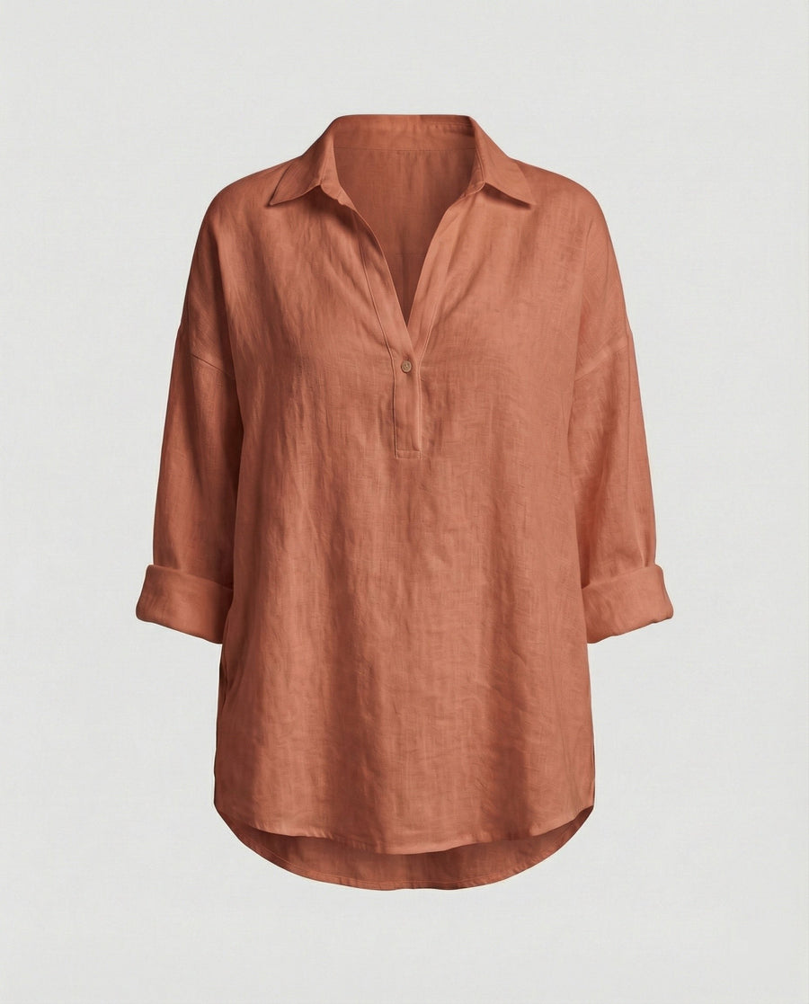 Jenna Linen Blouse with Button Front in Ziegelrot
