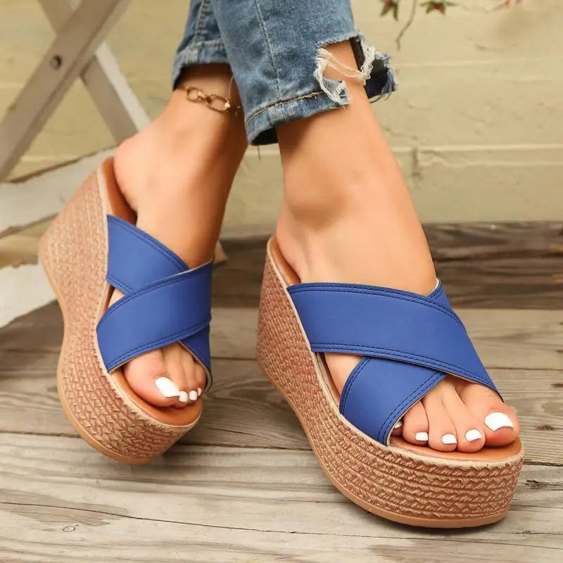 Jess Platform Wedge Sandal in Navy Blue