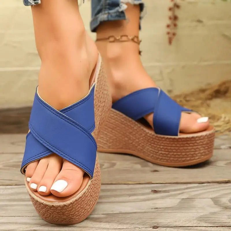 Jess Platform Wedge Sandal in Navy Blue