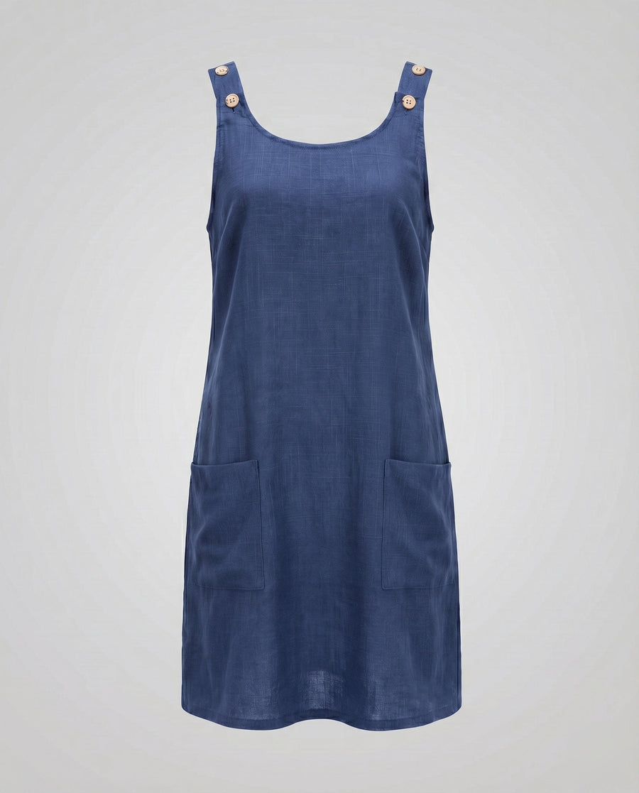 Jessa Casual Linen Dress with Sleeveless and Pockets in Blue