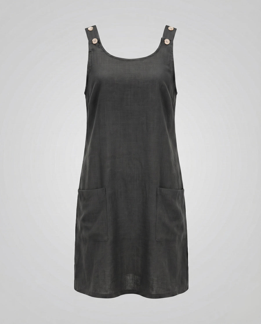 Jessa Casual Linen Dress with Sleeveless and Pockets in Dark Grey