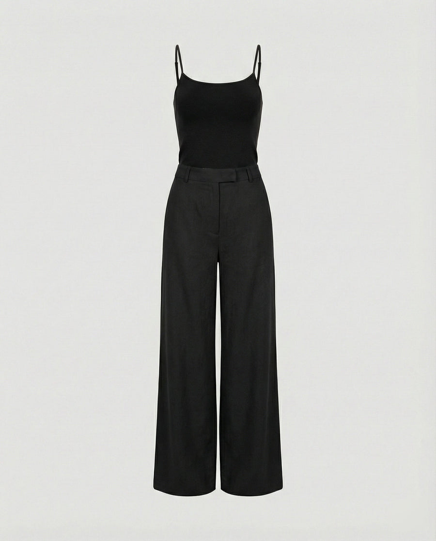Jessa Lightweight Linen Trousers with Pleated and Wide Leg in Black