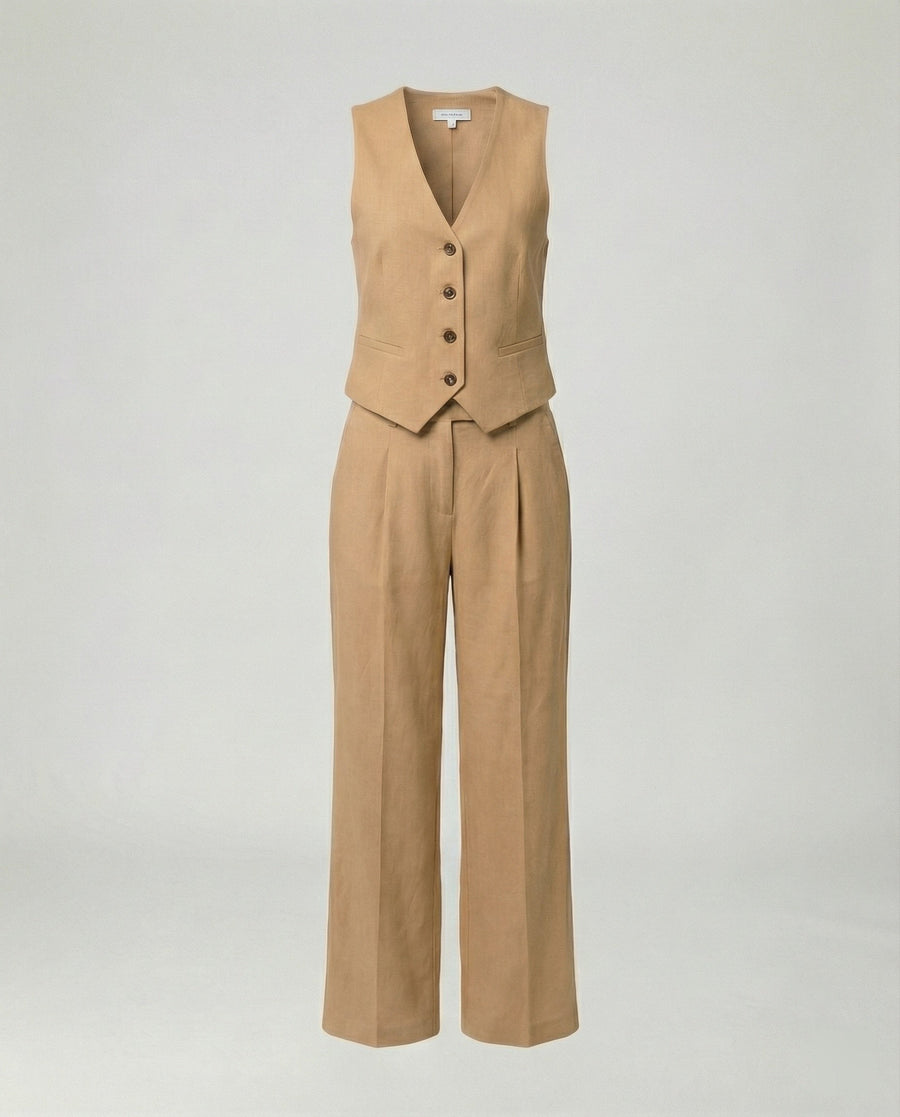 Jessa Linen Vest with V-Neck in Khaki