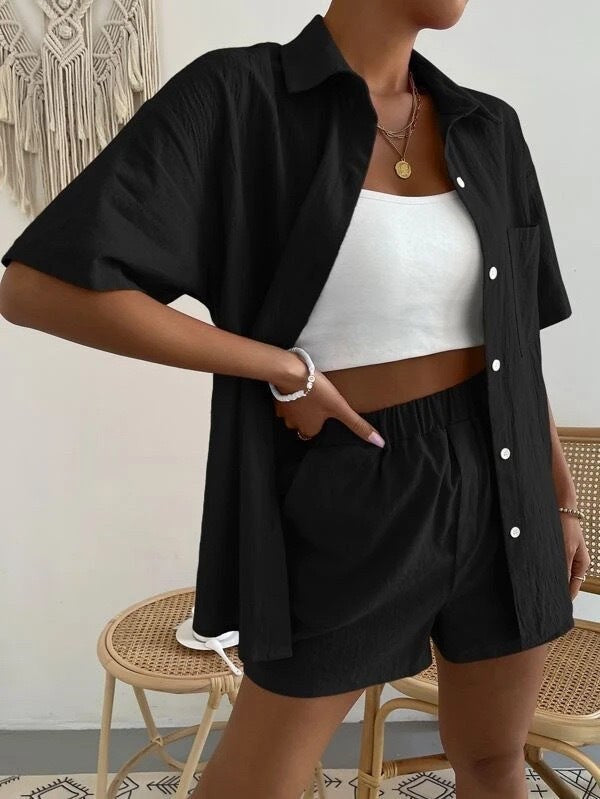 Joan Lightweight Linen Set with Chest Pocket in Black